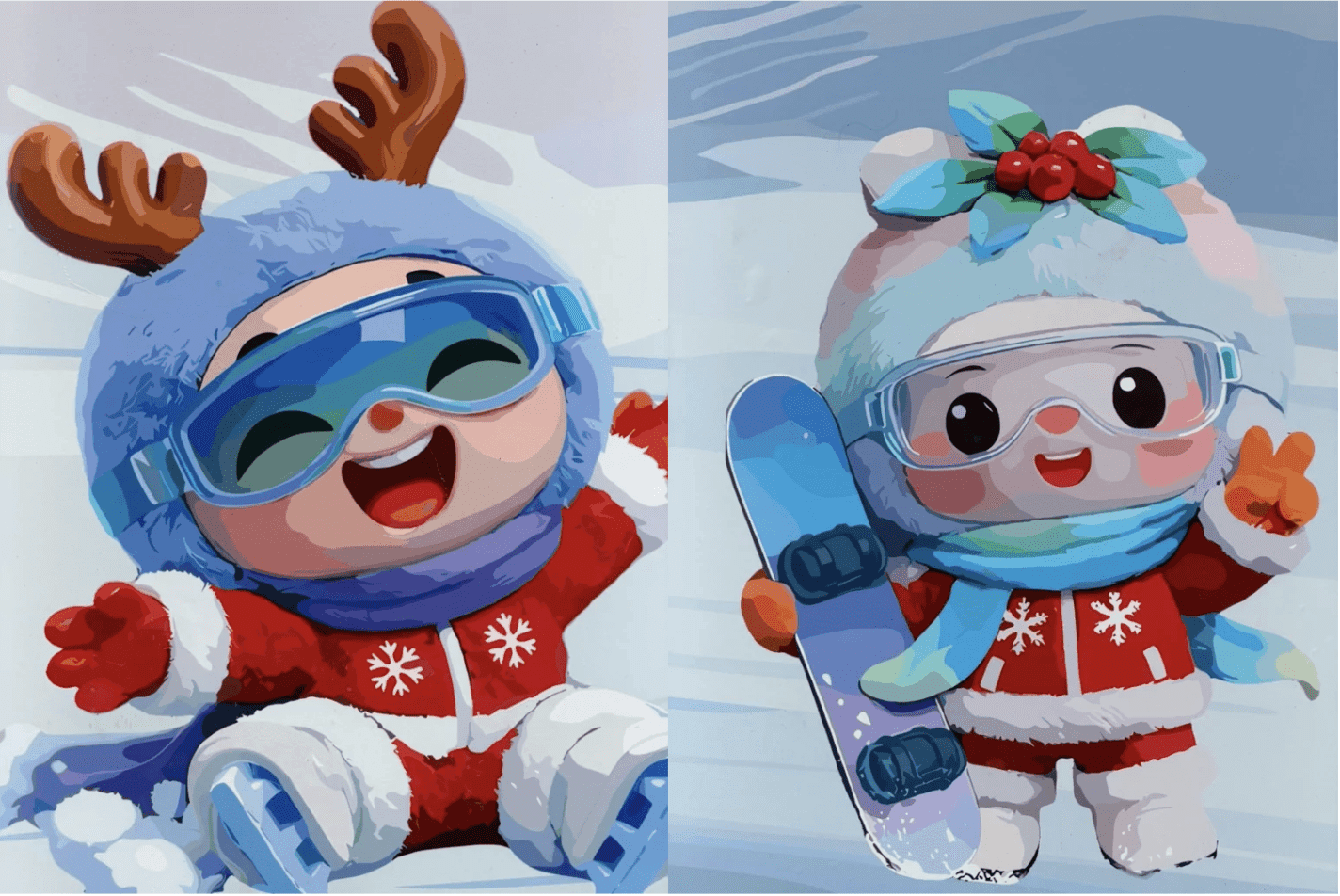 Illustrasjon av to søte vintermaskotter i røde vinterklær, den ene med reinsdyrgevir og den andre med snowboard.