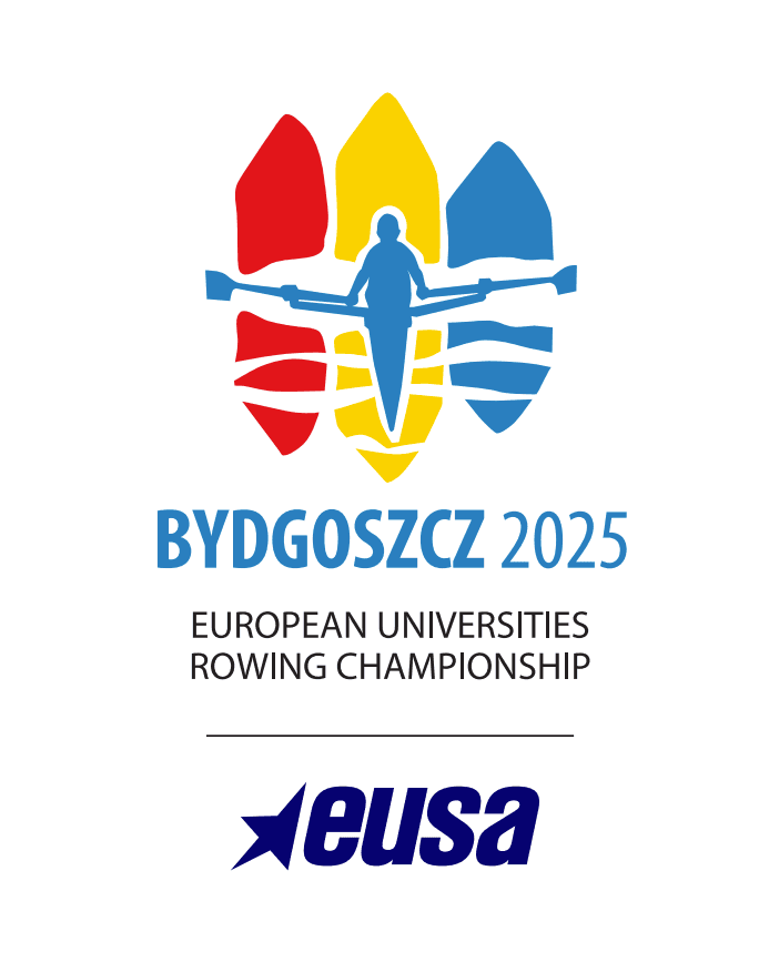 Logo for European Universities Rowing Championship Bydgoszcz 2025 med en roer i silhuett og EUSA-logoen.