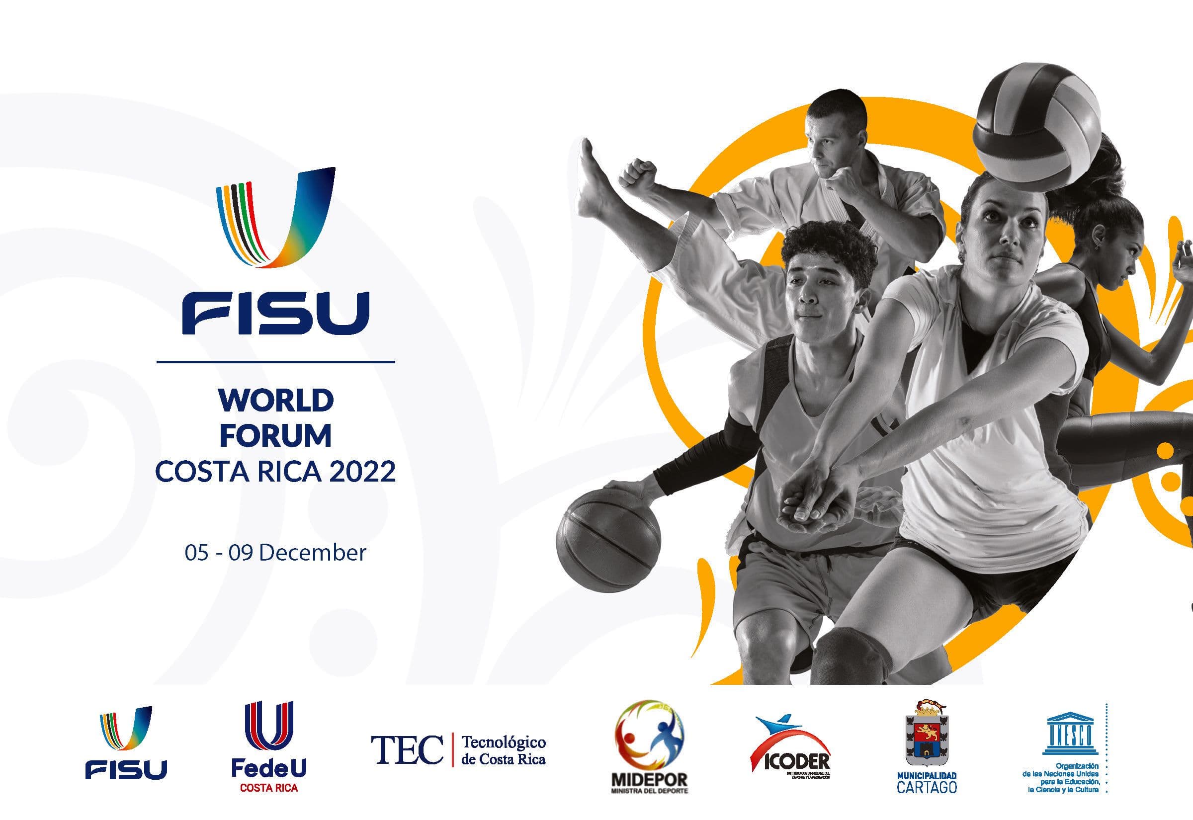 Plakat for FISU World Forum Costa Rica 2022 med utøvere og datoene «05–09 December».