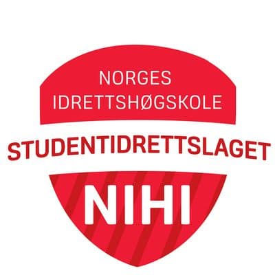Logo for Studentidrettslaget NIHI ved Norges idrettshøgskole, et rødt skjold med hvit tekst.