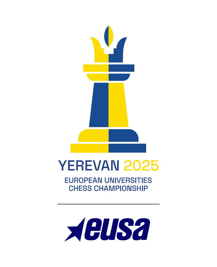 Logo for Yerevan 2025 European Universities Chess Championship med et blått og gult sjakktårn og EUSA-logoen under.